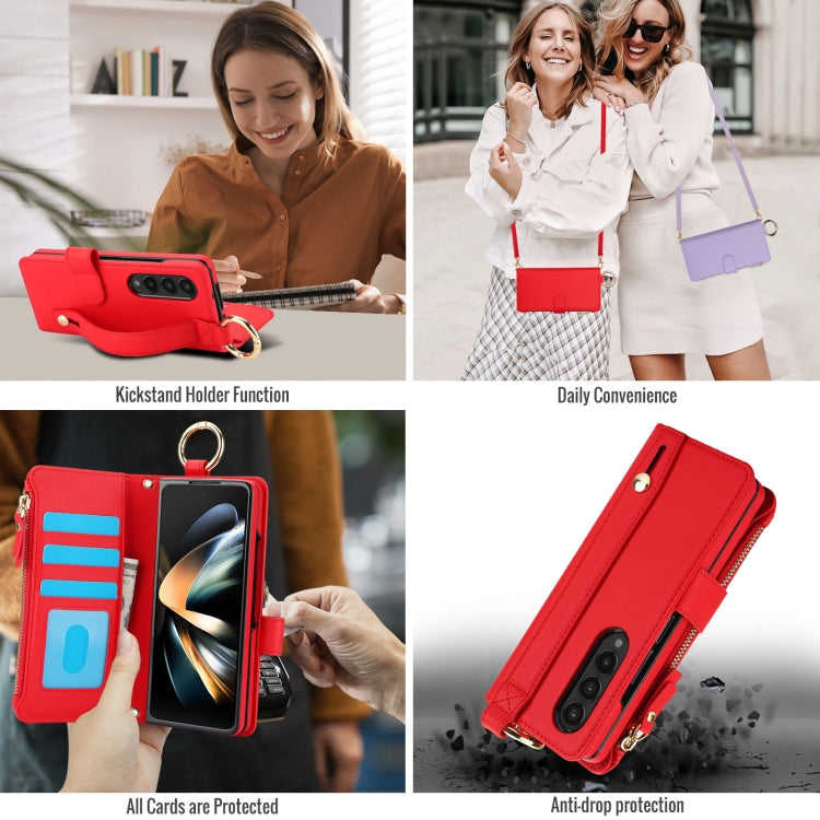 For Samsung Galaxy Z Fold4 Crossbody Ring Multifunctional Wallet Fold Leather Phone Case