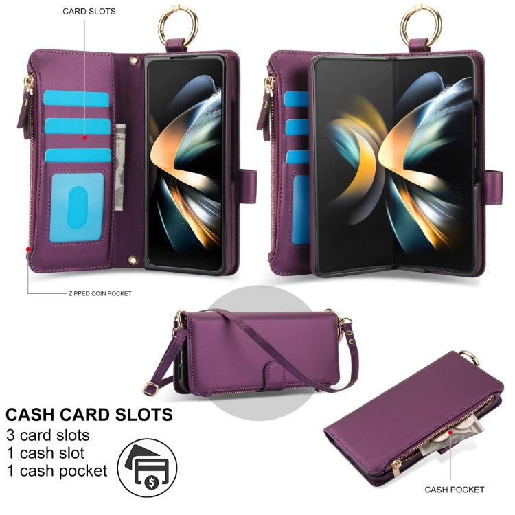 For Samsung Galaxy Z Fold4 Crossbody Ring Multifunctional Wallet Fold Leather Phone Case