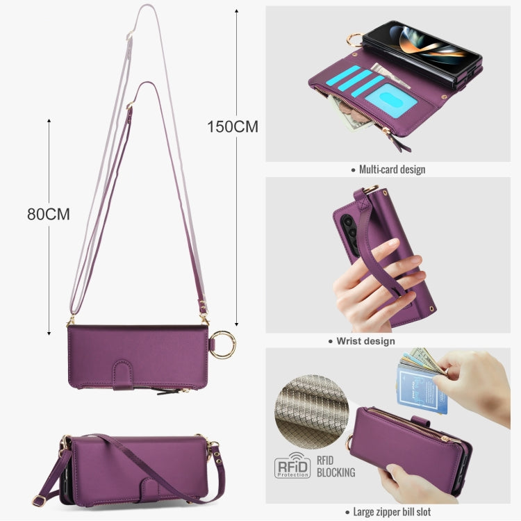 For Samsung Galaxy Z Fold4 Crossbody Ring Multifunctional Wallet Fold Leather Phone Case