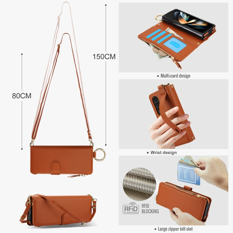 For Samsung Galaxy Z Fold4 Crossbody Ring Multifunctional Wallet Fold Leather Phone Case