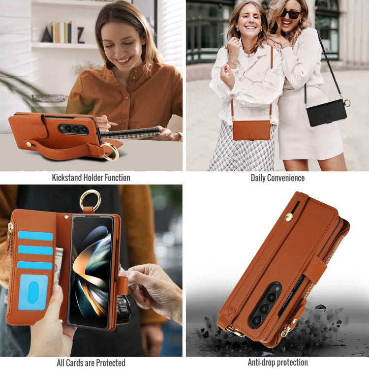 For Samsung Galaxy Z Fold3 5G Crossbody Ring Multifunctional Wallet Fold Leather Phone Case