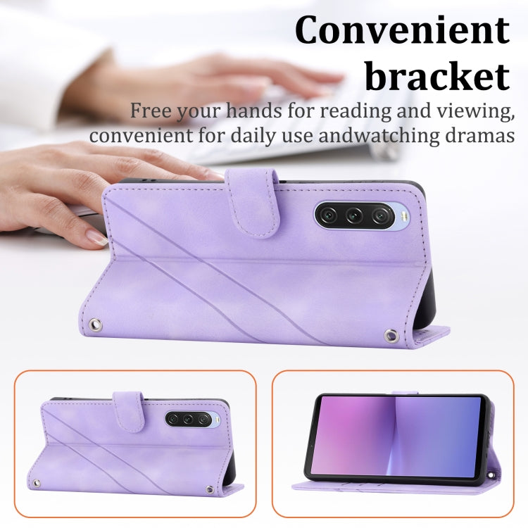 For Sony Xperia 1 VI Embossed Line Leather Phone Case with Lanyard