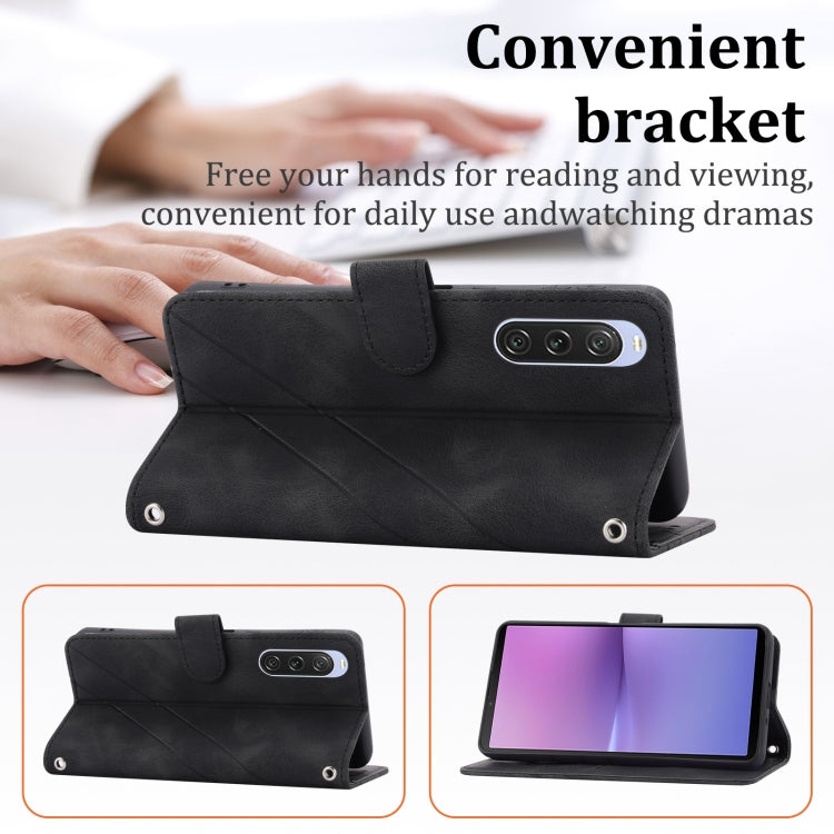 For Sony Xperia 1 VI Embossed Line Leather Phone Case with Lanyard