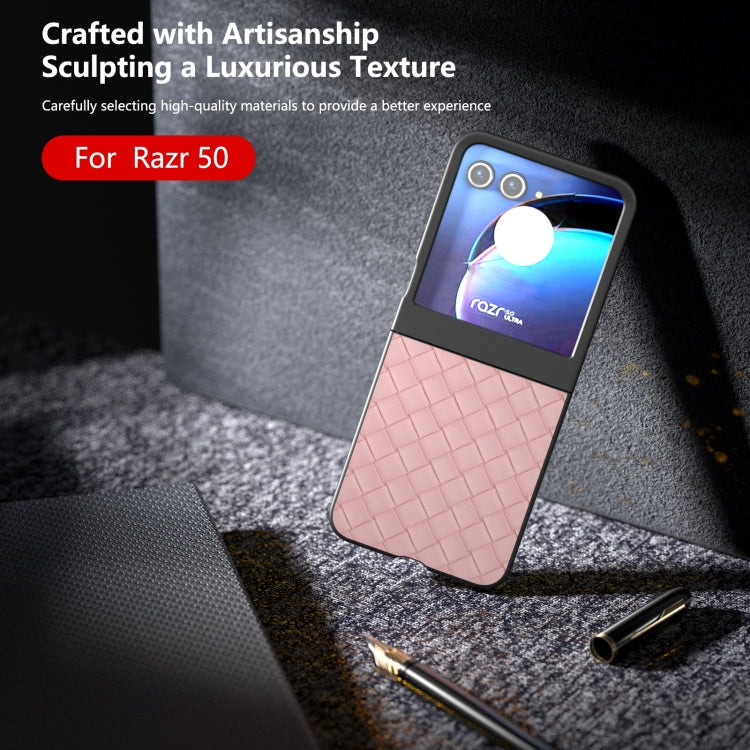 For Motorola Razr 50 Black Frame Woven Texture PU Phone Case