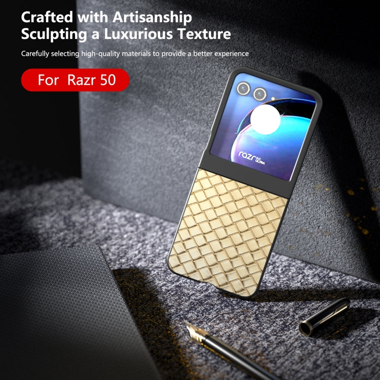 For Motorola Razr 50 Black Frame Woven Texture PU Phone Case
