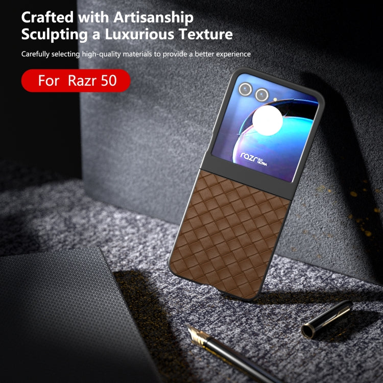 For Motorola Razr 50 Black Frame Woven Texture PU Phone Case