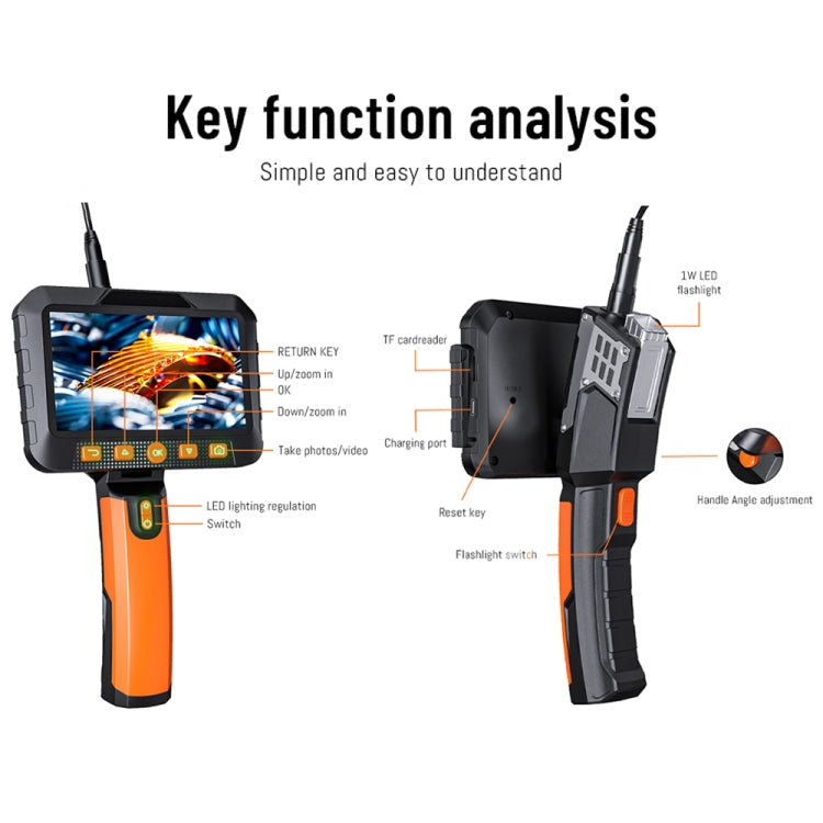 T27 5 inch IPS Color Screen 5.5mm Single Camera Handheld Hard Cable HD Industrial Endoscope, Length:1m - Orange Black