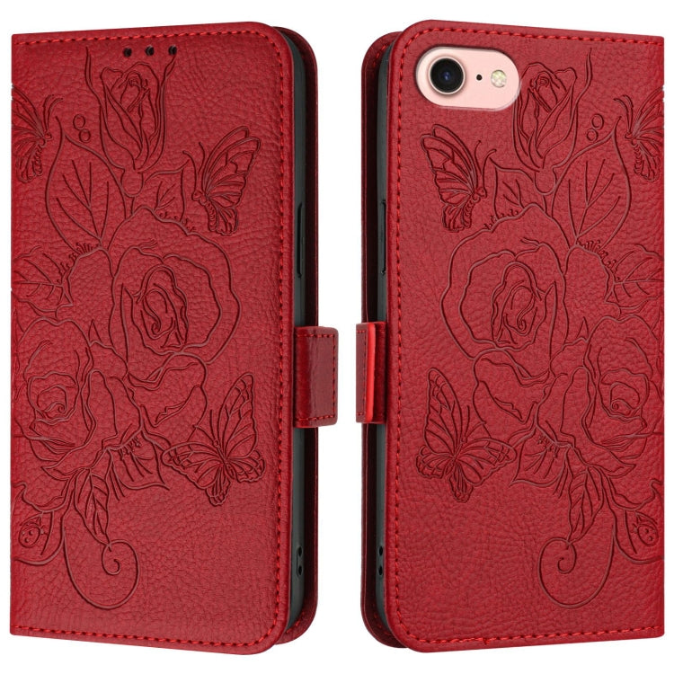 For iPhone SE 2022 / SE 2020 / 8 / 7 Embossed Rose RFID Anti-theft Leather Phone Case