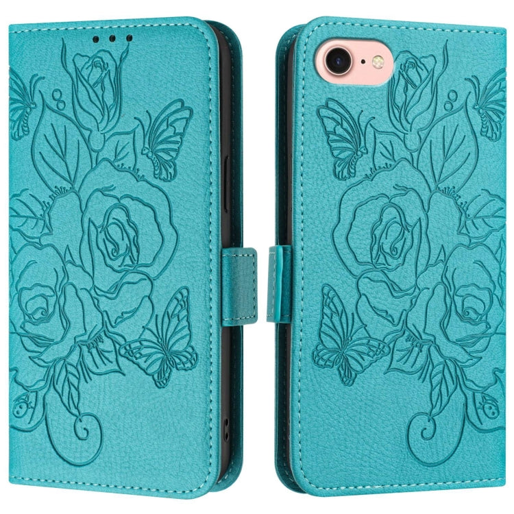 For iPhone SE 2022 / SE 2020 / 8 / 7 Embossed Rose RFID Anti-theft Leather Phone Case