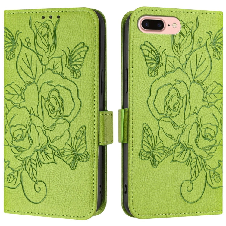 For iPhone 8 Plus / 7 Plus Embossed Rose RFID Anti-theft Leather Phone Case