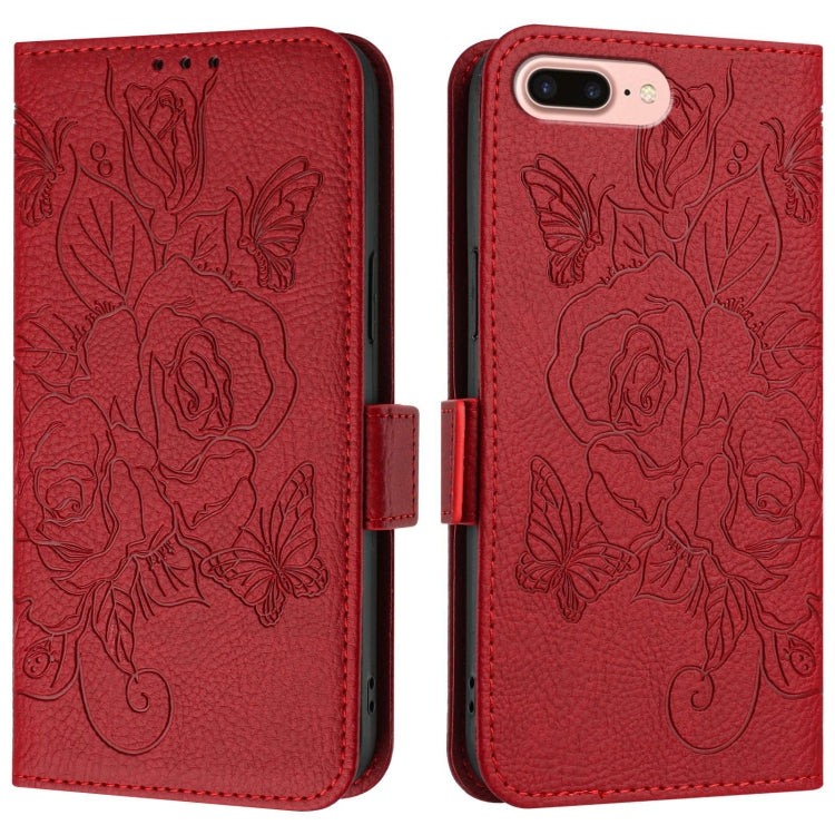 For iPhone 8 Plus / 7 Plus Embossed Rose RFID Anti-theft Leather Phone Case