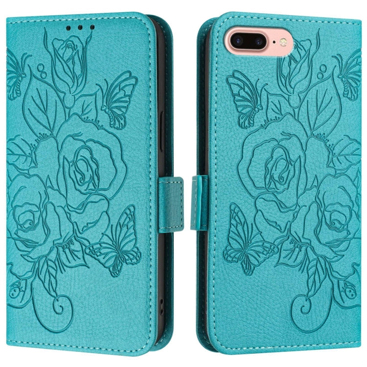 For iPhone 8 Plus / 7 Plus Embossed Rose RFID Anti-theft Leather Phone Case