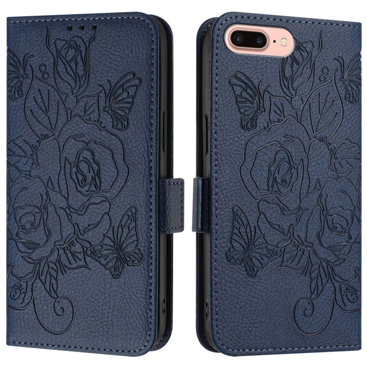 For iPhone 8 Plus / 7 Plus Embossed Rose RFID Anti-theft Leather Phone Case