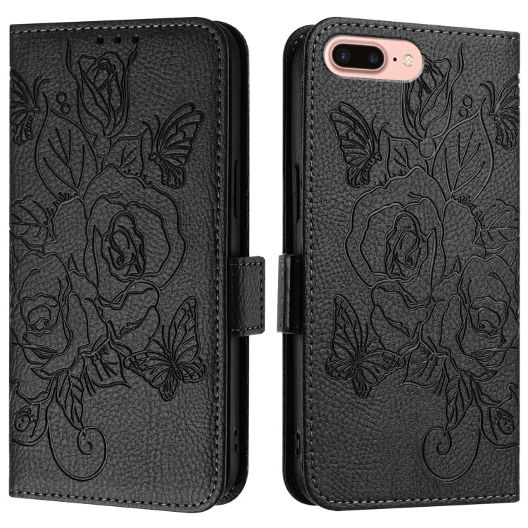 For iPhone 8 Plus / 7 Plus Embossed Rose RFID Anti-theft Leather Phone Case