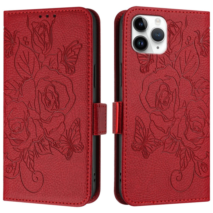 For iPhone 11 Pro Max Embossed Rose RFID Anti-theft Leather Phone Case