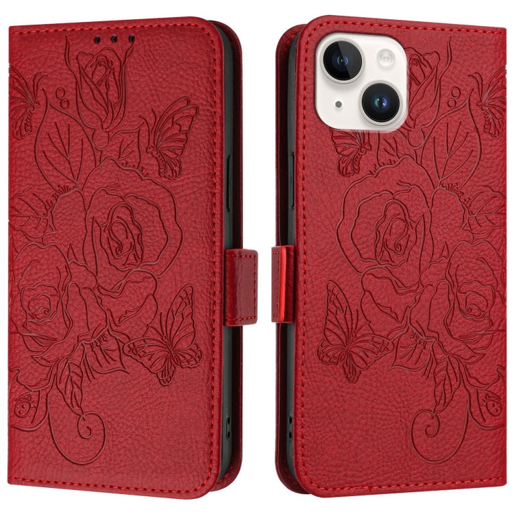 For iPhone 13 mini Embossed Rose RFID Anti-theft Leather Phone Case
