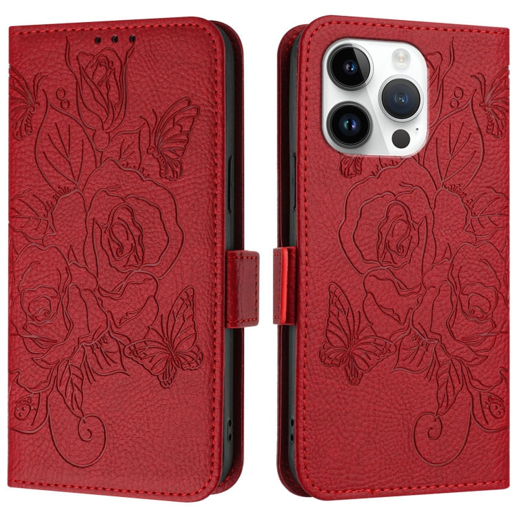 For iPhone 13 Pro Embossed Rose RFID Anti-theft Leather Phone Case