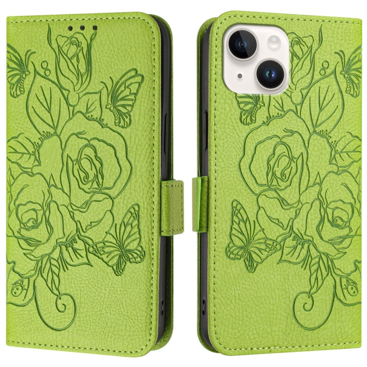 For iPhone 14 Plus Embossed Rose RFID Anti-theft Leather Phone Case