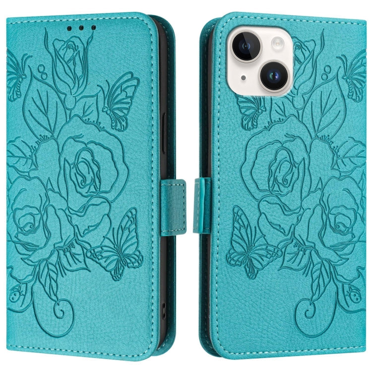 For iPhone 14 Plus Embossed Rose RFID Anti-theft Leather Phone Case