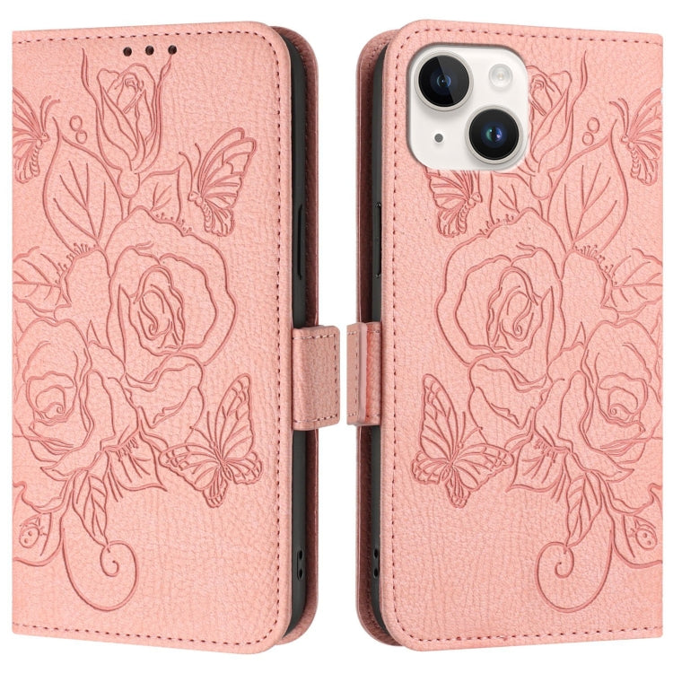 For iPhone 14 Plus Embossed Rose RFID Anti-theft Leather Phone Case