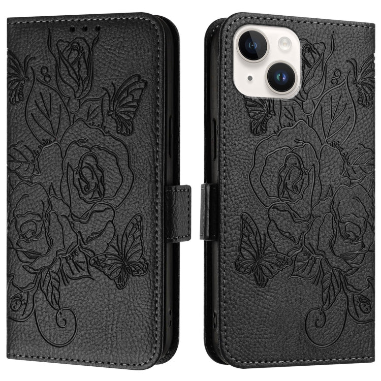 For iPhone 14 Plus Embossed Rose RFID Anti-theft Leather Phone Case