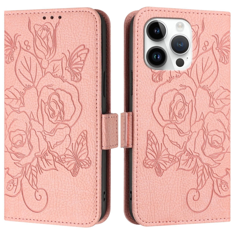 For iPhone 14 Pro Embossed Rose RFID Anti-theft Leather Phone Case