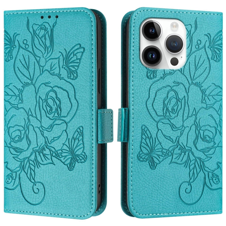 For iPhone 14 Pro Max Embossed Rose RFID Anti-theft Leather Phone Case
