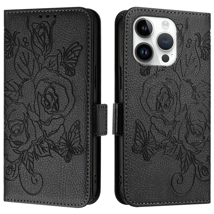 For iPhone 14 Pro Max Embossed Rose RFID Anti-theft Leather Phone Case