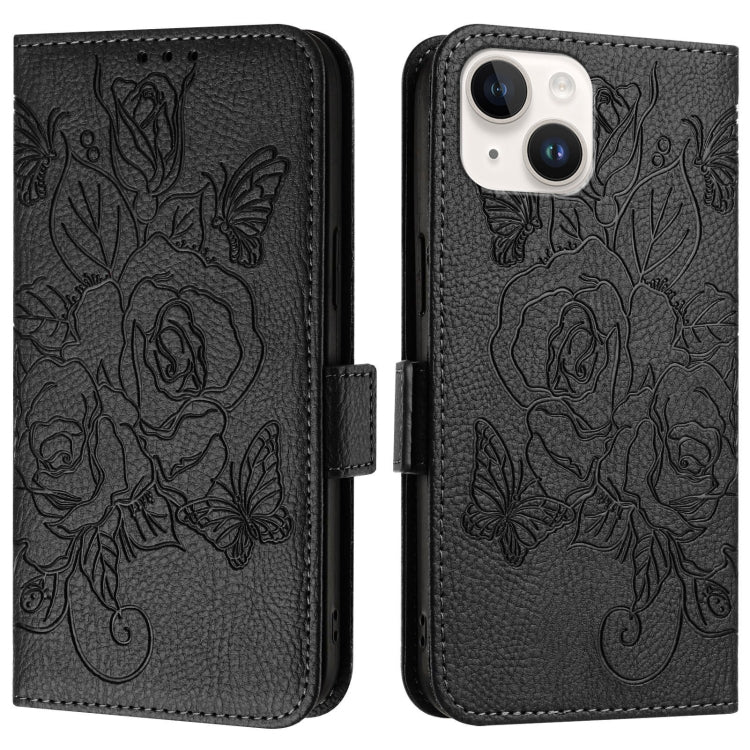 For iPhone 15 Embossed Rose RFID Anti-theft Leather Phone Case