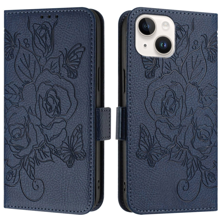 For iPhone 15 Plus Embossed Rose RFID Anti-theft Leather Phone Case