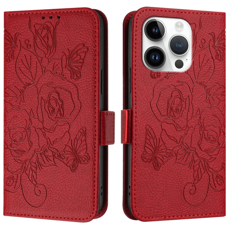 For iPhone 15 Pro Embossed Rose RFID Anti-theft Leather Phone Case