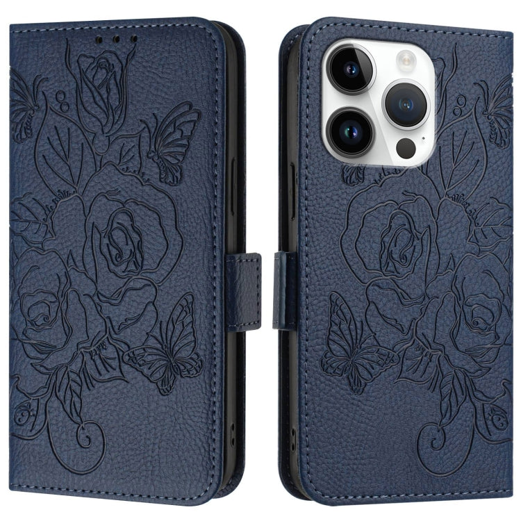 For iPhone 15 Pro Embossed Rose RFID Anti-theft Leather Phone Case