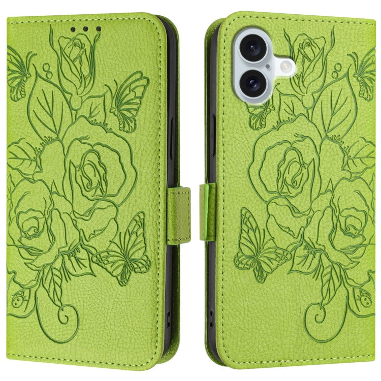For iPhone 16 Plus Embossed Rose RFID Anti-theft Leather Phone Case