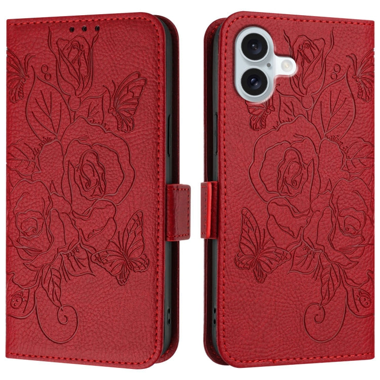 For iPhone 16 Plus Embossed Rose RFID Anti-theft Leather Phone Case