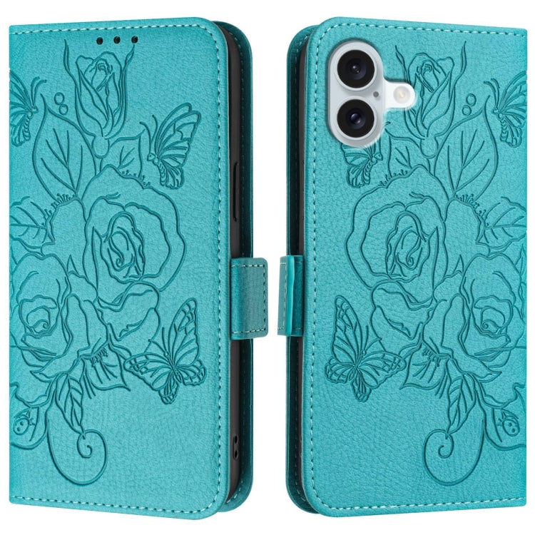 For iPhone 16 Plus Embossed Rose RFID Anti-theft Leather Phone Case