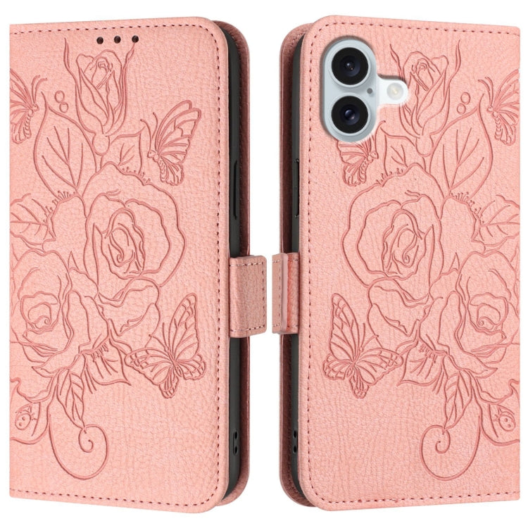 For iPhone 16 Plus Embossed Rose RFID Anti-theft Leather Phone Case