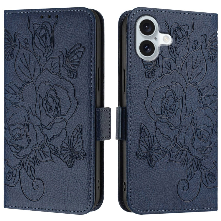 For iPhone 16 Plus Embossed Rose RFID Anti-theft Leather Phone Case