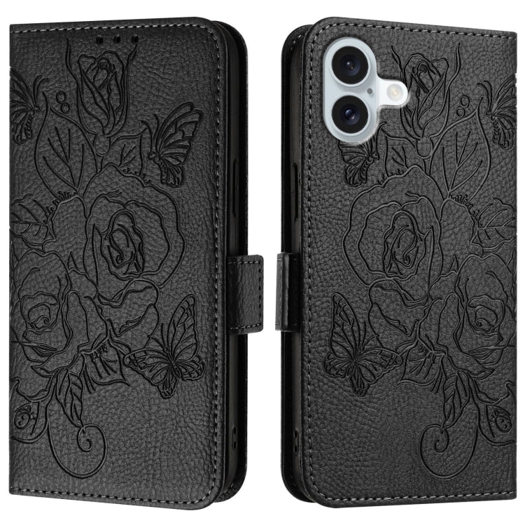 For iPhone 16 Plus Embossed Rose RFID Anti-theft Leather Phone Case