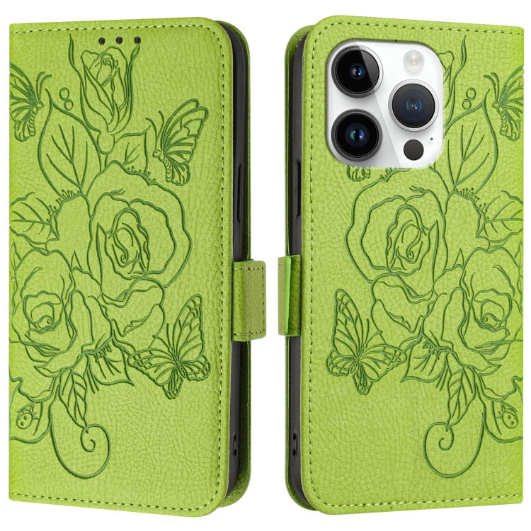 For iPhone 16 Pro Embossed Rose RFID Anti-theft Leather Phone Case
