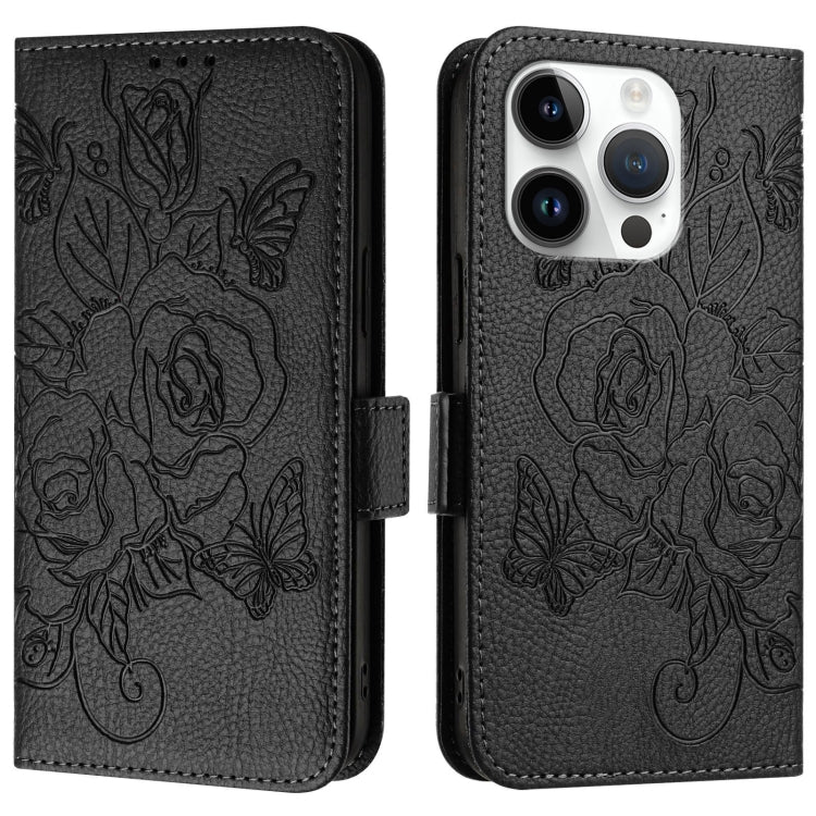 For iPhone 16 Pro Embossed Rose RFID Anti-theft Leather Phone Case
