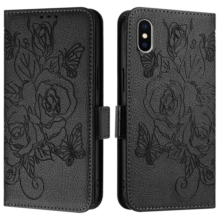 For iPhone XS / X Embossed Rose RFID Anti-theft Leather Phone Case