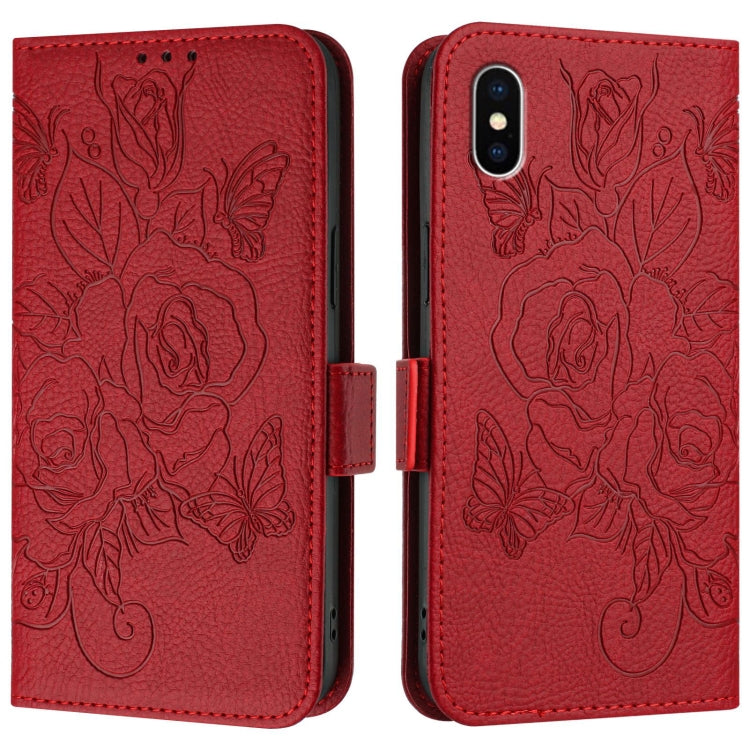For iPhone XS Max Embossed Rose RFID Anti-theft Leather Phone Case