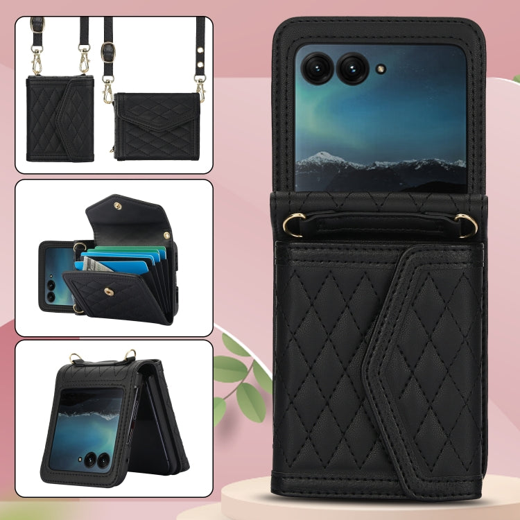 For Motorola Razr 40 Ultra Splicing Rhombic Texture Phone Case with Long & Short Lanyard