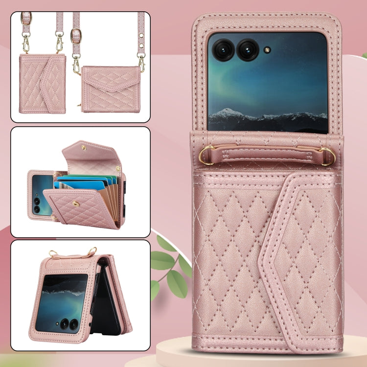 For Motorola Razr 40 Ultra Splicing Rhombic Texture Phone Case with Long & Short Lanyard