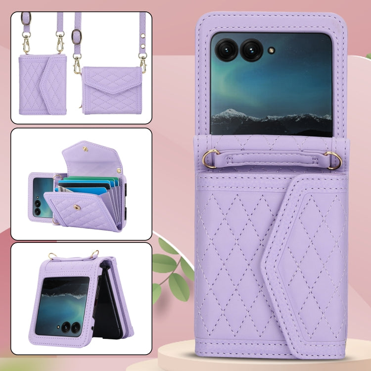 For Motorola Razr 40 Ultra Splicing Rhombic Texture Phone Case with Long & Short Lanyard