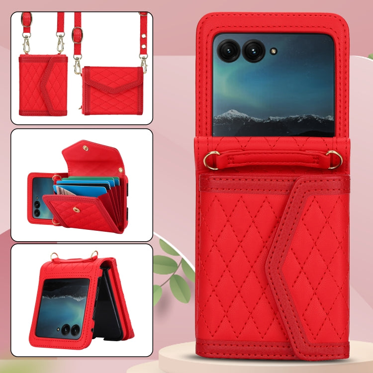 For Motorola Razr 40 Ultra Splicing Rhombic Texture Phone Case with Long & Short Lanyard