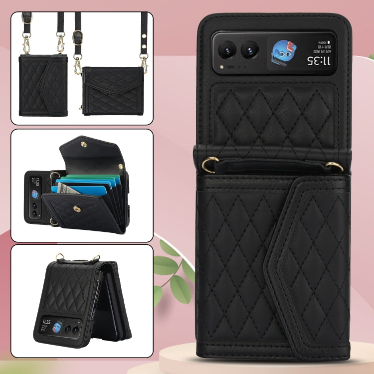 For Motorola Razr 40 Splicing Rhombic Texture Phone Case with Long & Short Lanyard