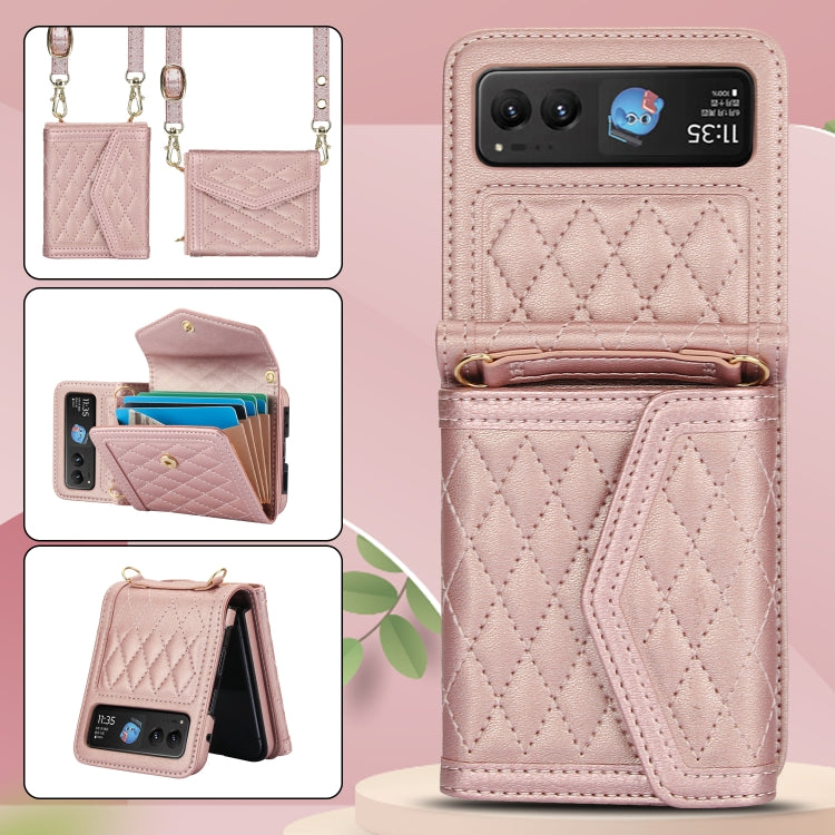 For Motorola Razr 40 Splicing Rhombic Texture Phone Case with Long & Short Lanyard