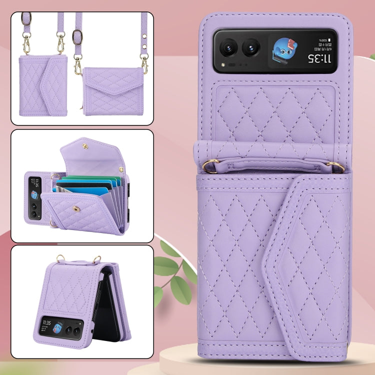 For Motorola Razr 40 Splicing Rhombic Texture Phone Case with Long & Short Lanyard