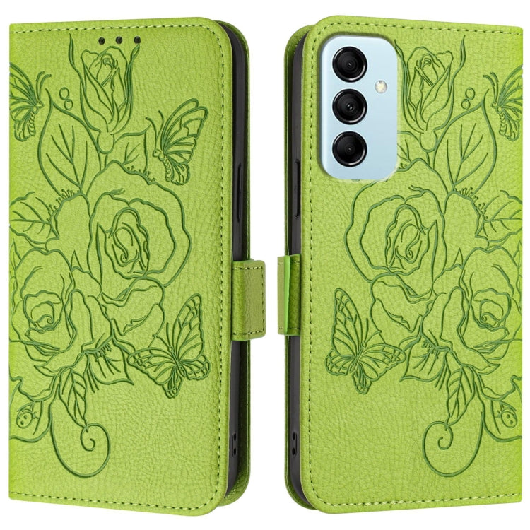 For Samsung Galaxy M14 5G Global Embossed Rose RFID Anti-theft Leather Phone Case